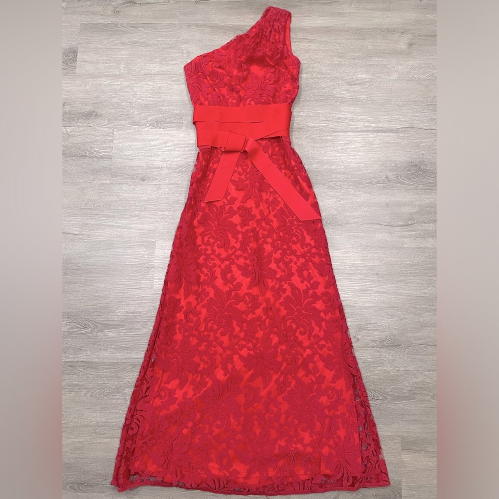 Tadashi Shoji Vibrant Red Lace One-Shoulder Dress